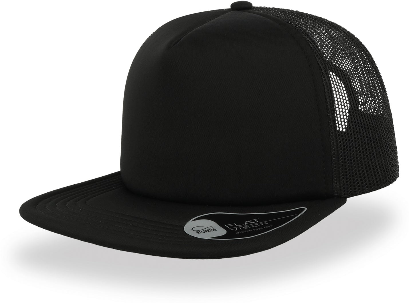 Atlantis Snap 90s Flat Visor 5 Panel Trucker Cap - Black/Black