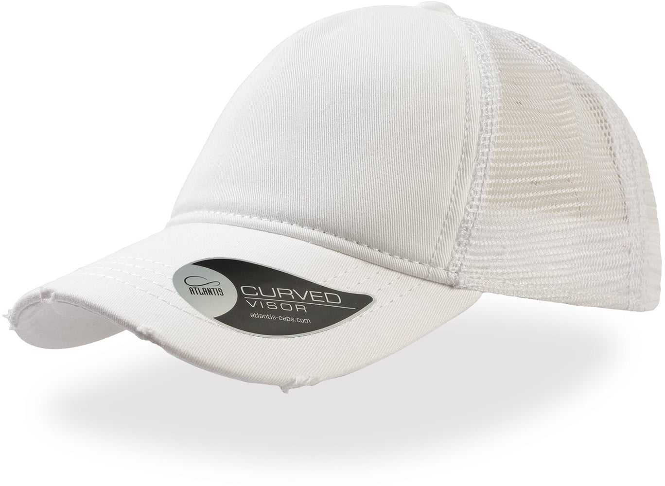 Atlantis Rapper Destroyed 5 Panel Weathered Trucker Cap - White/White