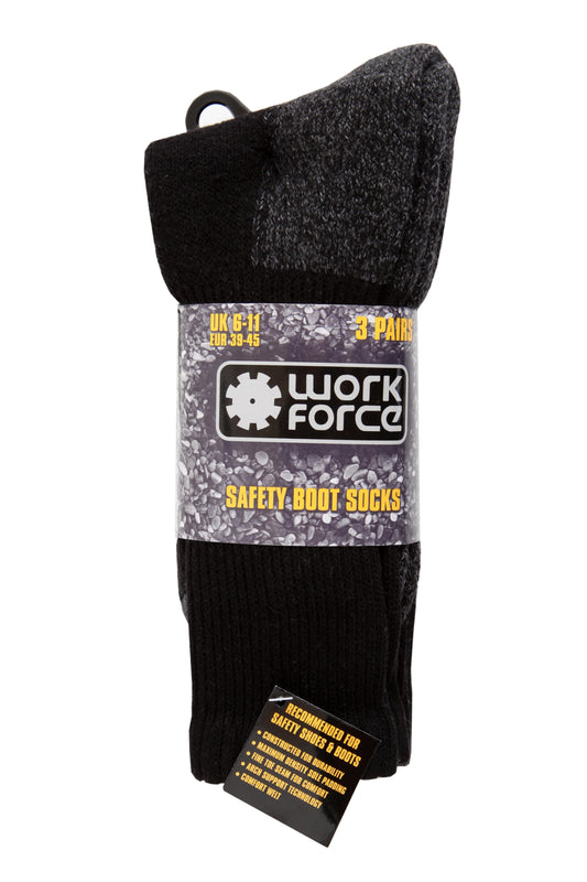 Work Force Heavy Duty Safety Boot 3 Pack Sock - Black