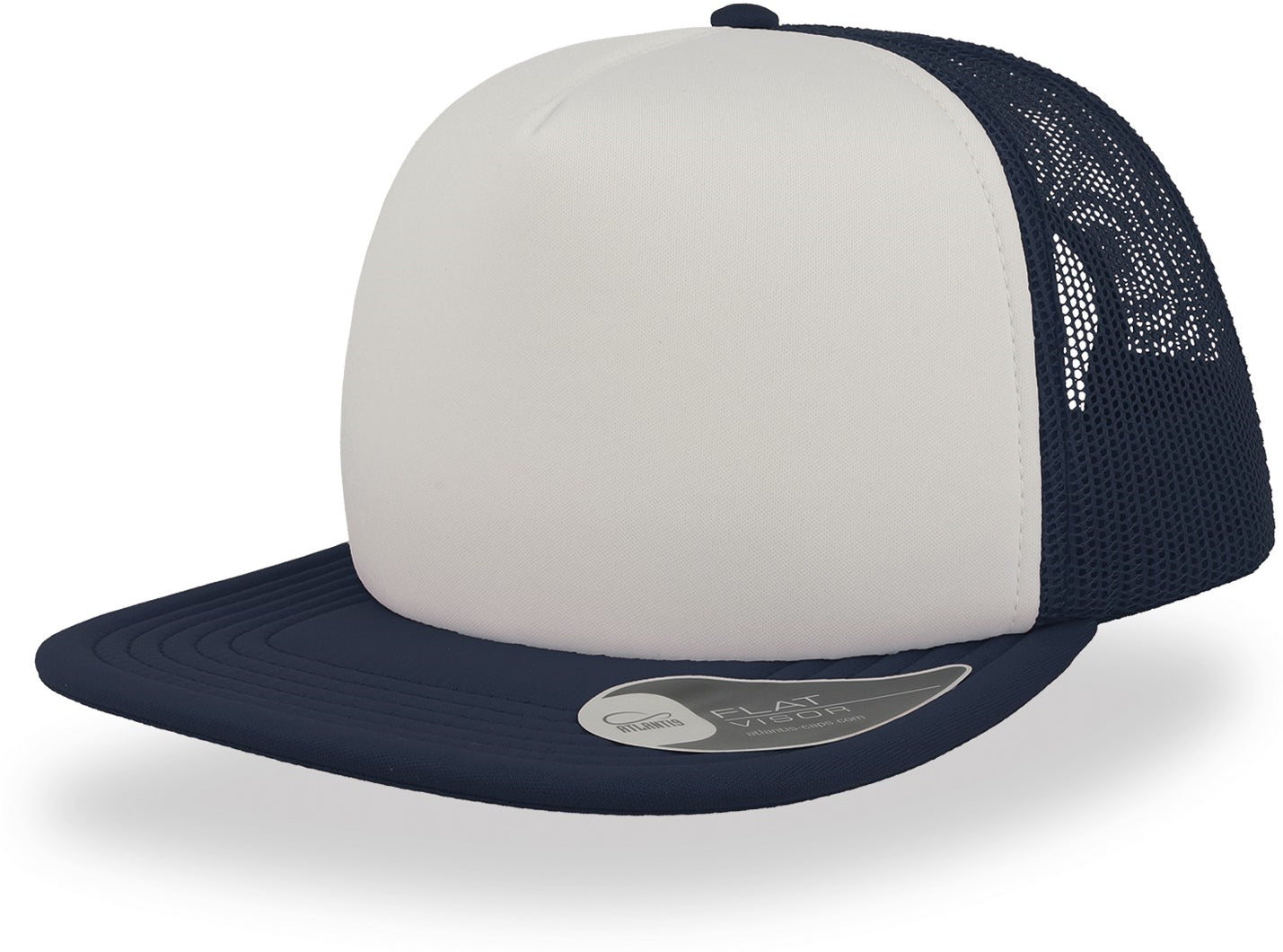 Atlantis Snap 90s Flat Visor 5 Panel Trucker Cap - White/Navy