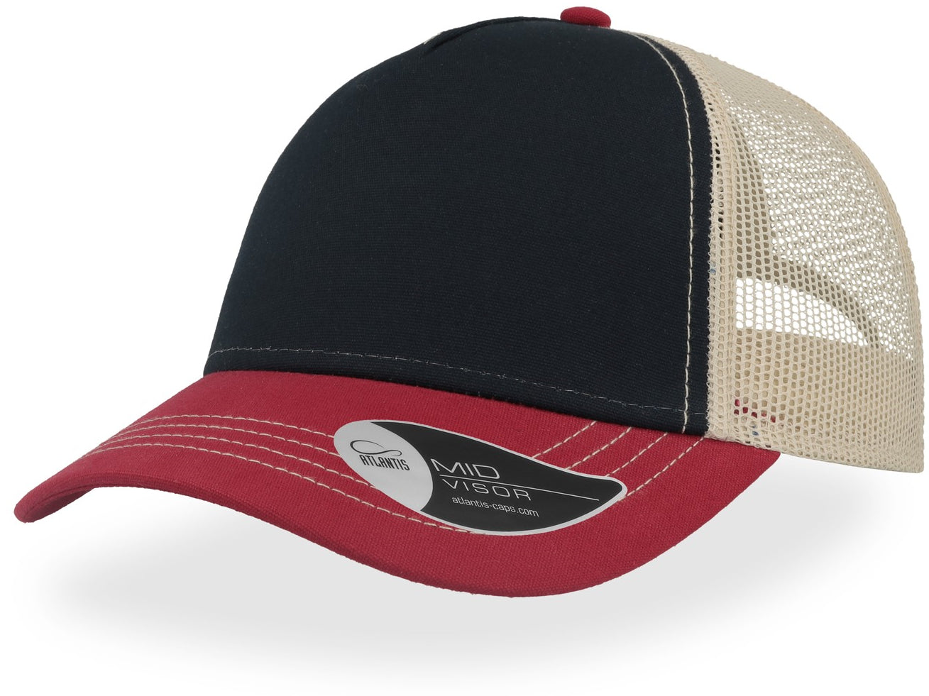 Atlantis Rapper Canvas 5 Panel Trucker Cap - Navy/Burgundy/Beige