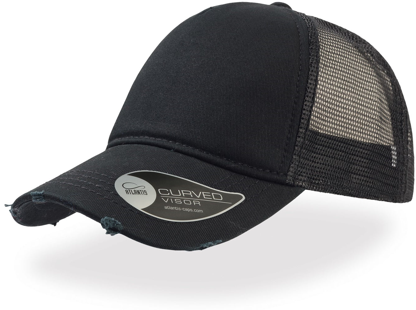 Atlantis Rapper Destroyed 5 Panel Weathered Trucker Cap - Black/Black